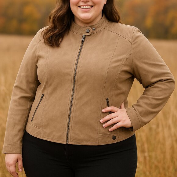 Sebby Collection Tan Faux Suede Moto Jacket Size XXL - Picture 1 of 14